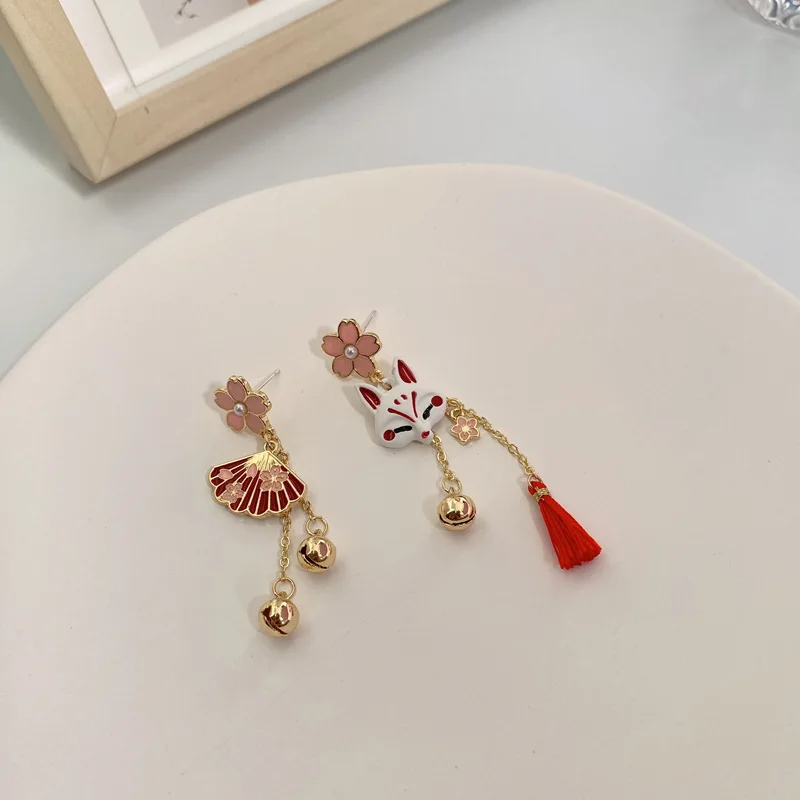 Fashion Asymmetry Red Flower Fox Bracelets & Earrings for Women Personality Cute Cartoon Drop Oil Animal Earrings Party Jewelry