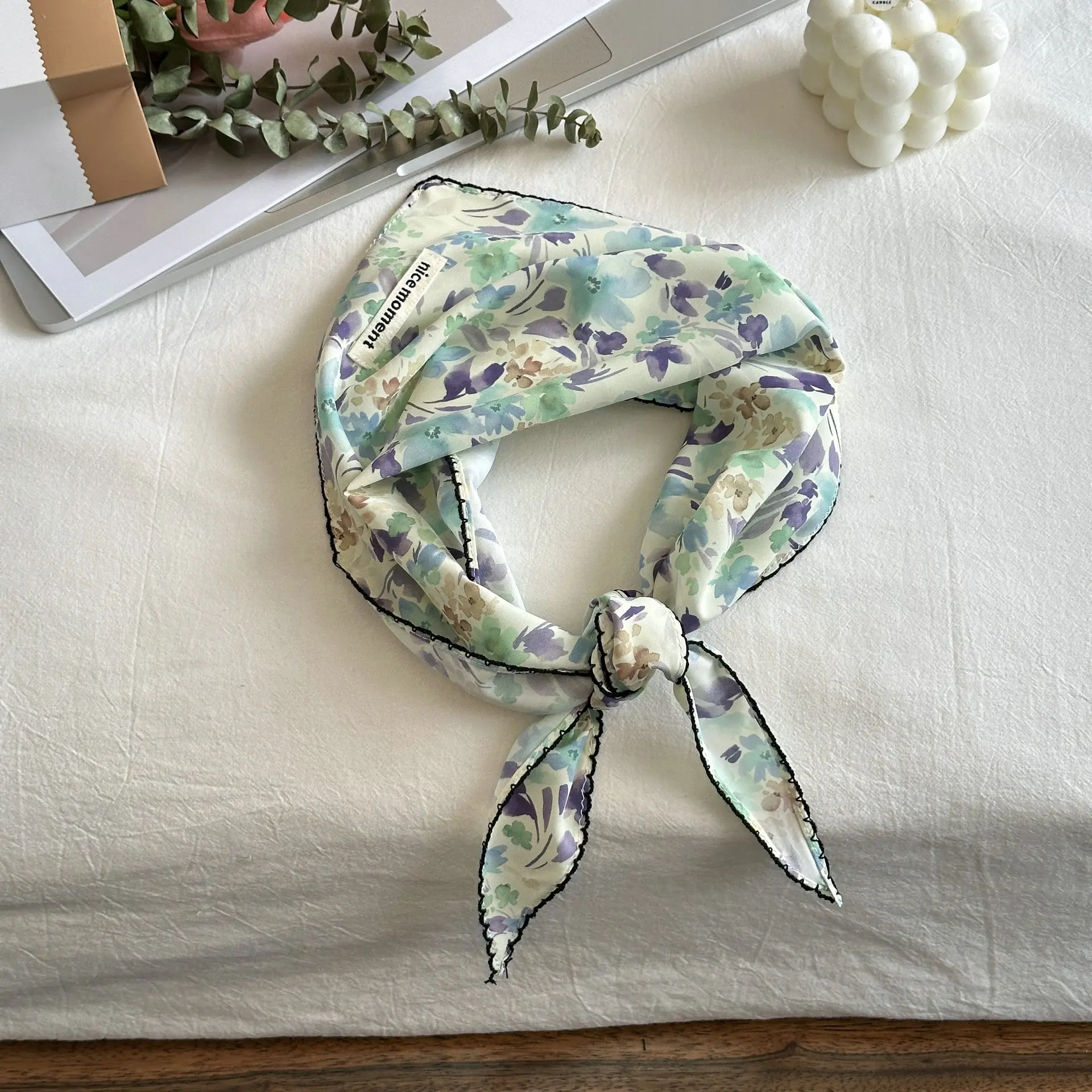 White Polka Dot Silk Triangle Head Scarf