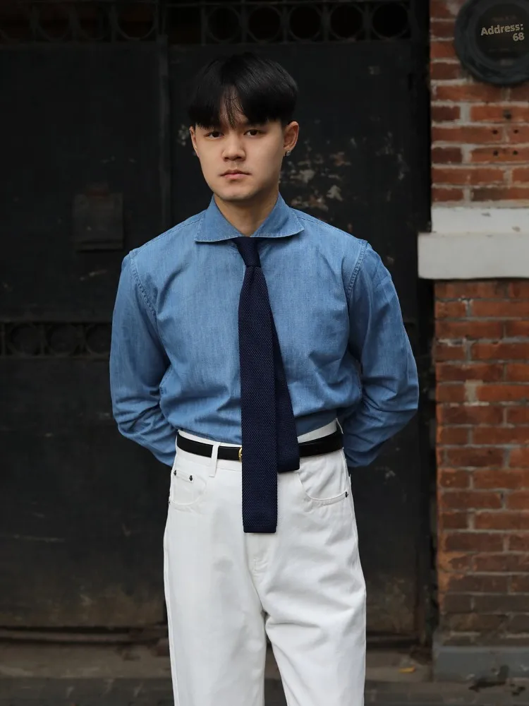 

Retro Briti Pure Cotton Denim irt Wior Collar Waed Busin Gentleman Artistic Nostaic Long Sve Faion Ci irt