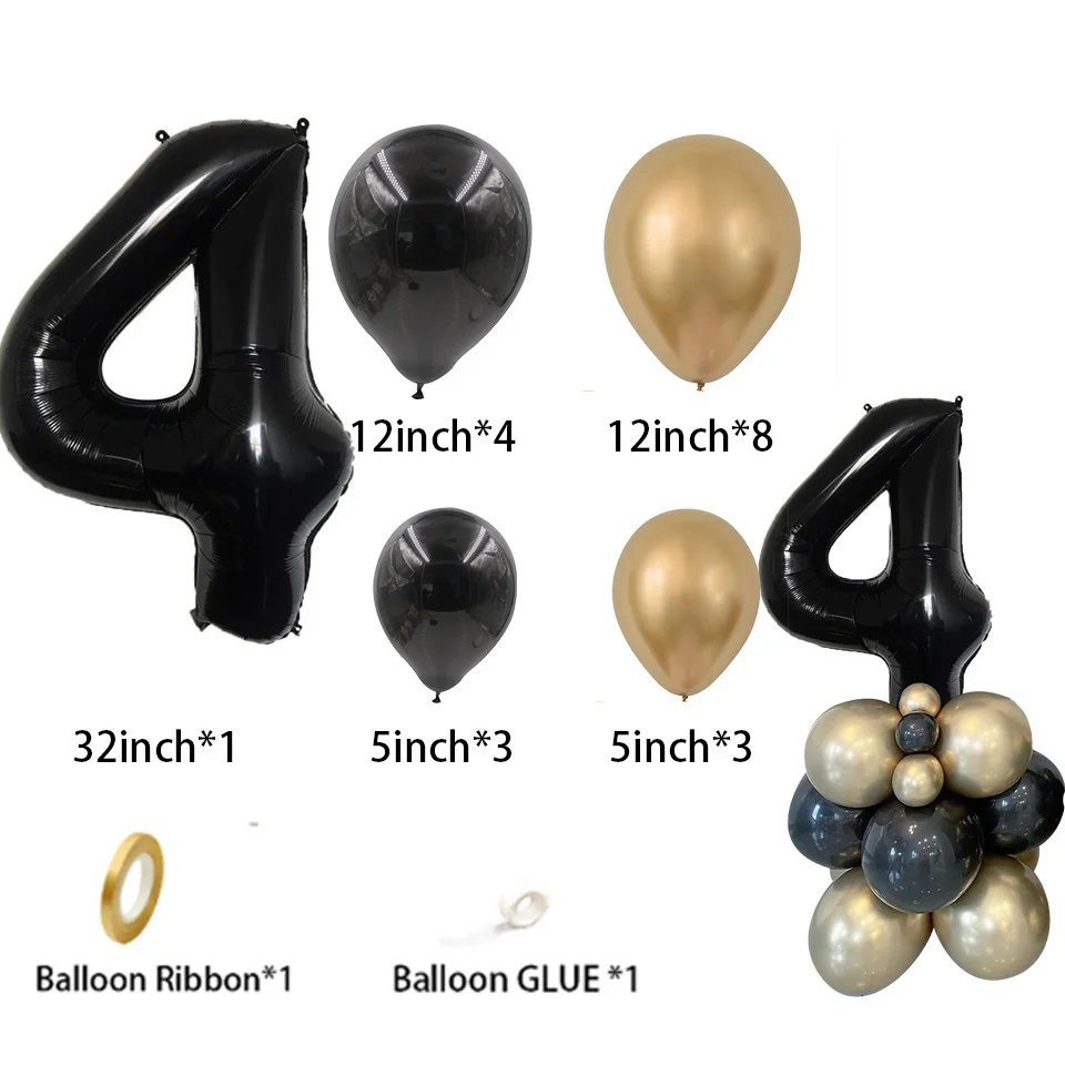 Globos negros dorados para decoración de cumpleaños de niño, torre con número negro de 32 pulgadas, suministros para fiesta de cumpleaños, 30, 40,