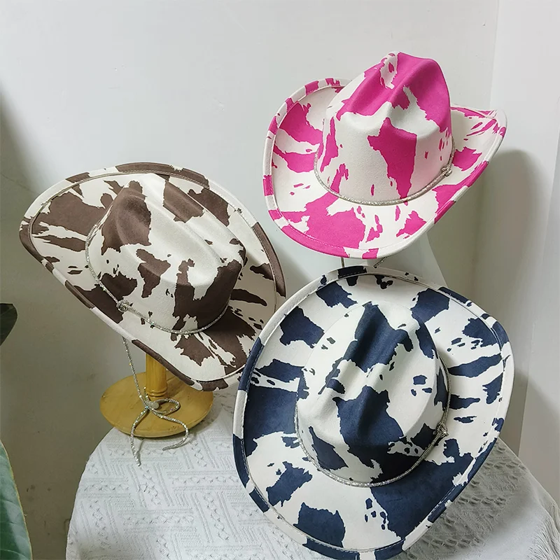 Sombrero de vaca de leche rosa, sombrero de vaquero con cadena, sombrero de vaquero de gamuza vegana de invierno, sombrero de Jazz, sombrero Fedora de fieltro a la moda de vaquera, sombrero de Panamá para hombre