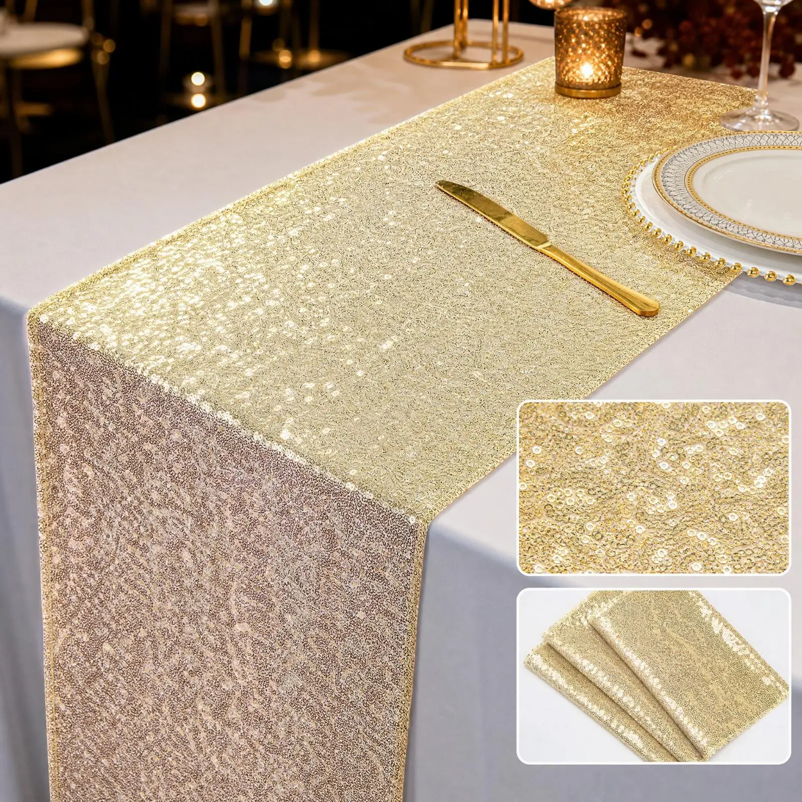 Reflective Sequin Table Runner for Party Wedding Decoration Elegant Polyester Fabric Runner with Light Catching Texture