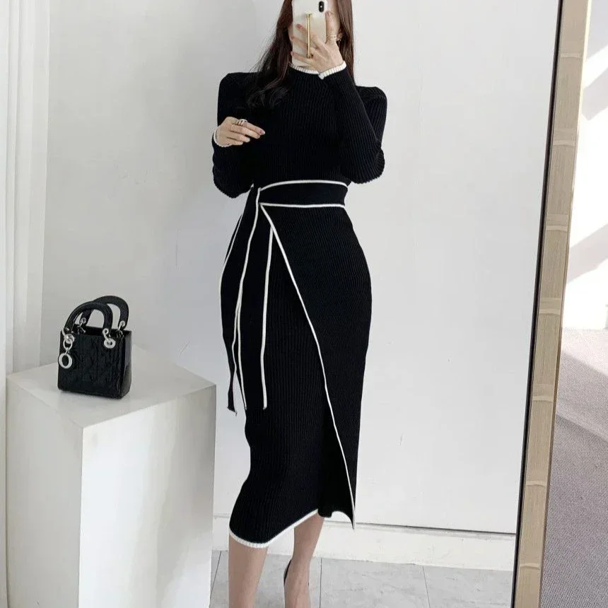 Midi Knee Length Female Knit Dress Cover Up Autumn and Winter Women\'s Crochet Dresses Bodycon Cheap Casual Elegant Chic Vintage