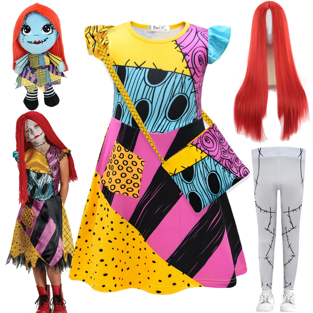 Halloween Costume The Nightmare Before Christmas Horro Sally Dress Cosplay Girls Costumes Gothic Carnival Clothes 2-10Y Dress Up