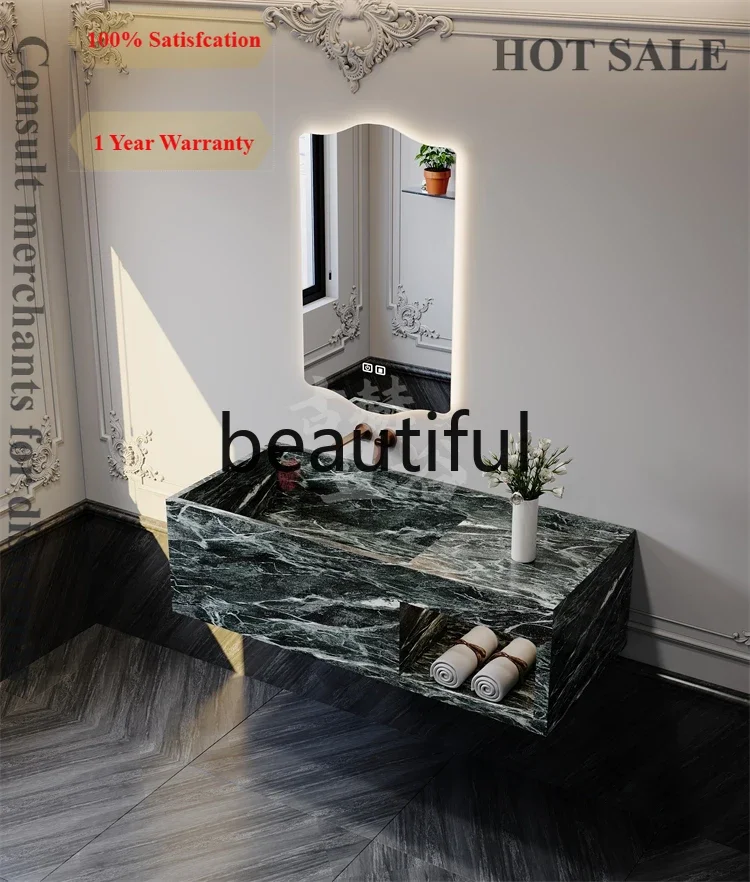 B567 Luxury stone narrow side deep sink wall-mounted marble rock slab hand wash basin bathroom cabinet