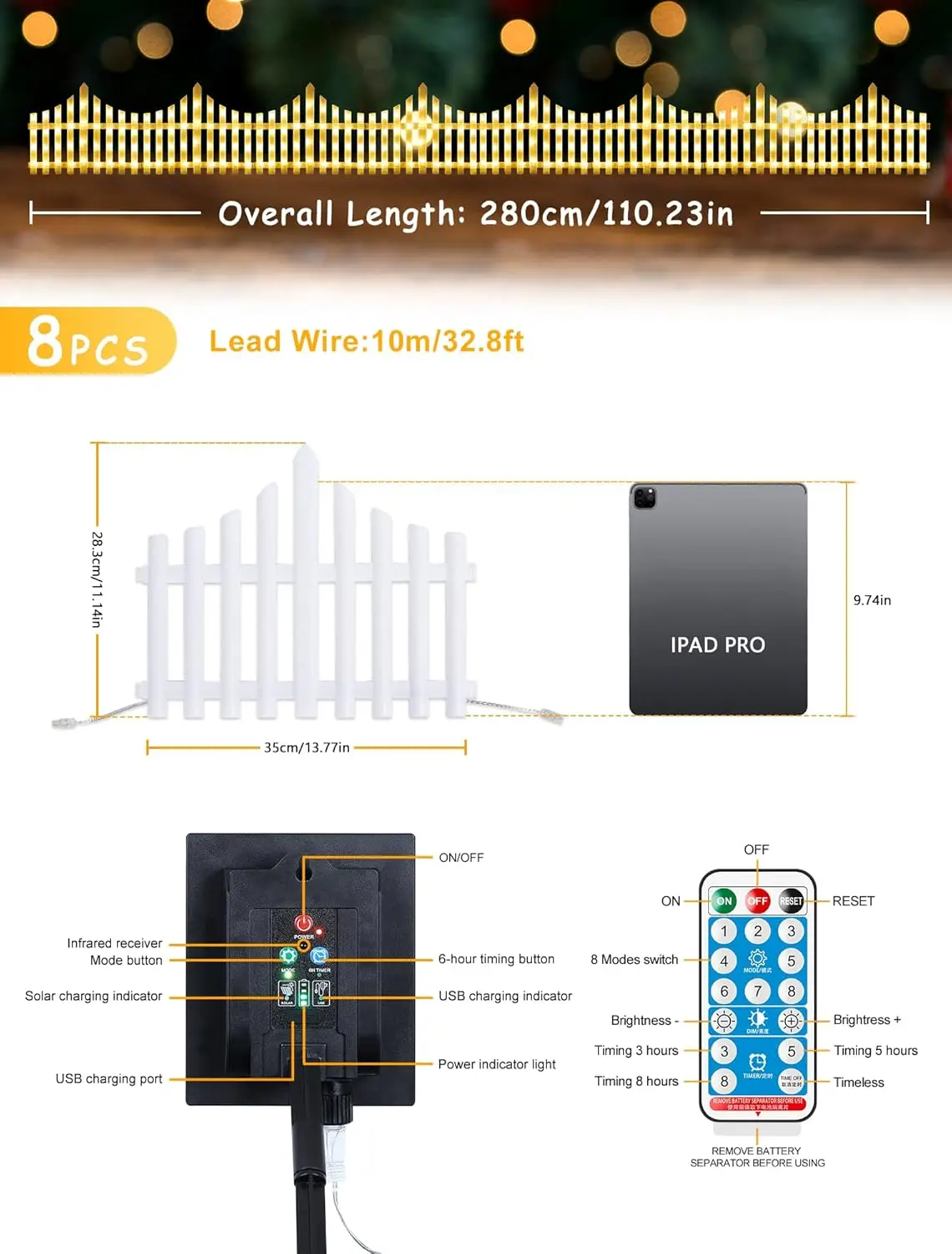 8 Pack Solar Garden Fence with 144 LED Lights & Remote, White Picket Border for Yard Path Pet Barrier