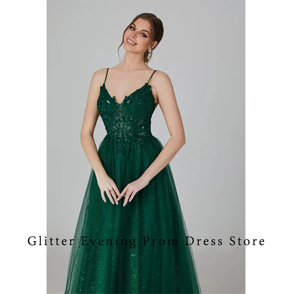 2024 Green Sexy Prom Dresses For Women A-Line V-Neck Appliques Crystal Backless Tulle Custom Made Birthday Evening Party Grows