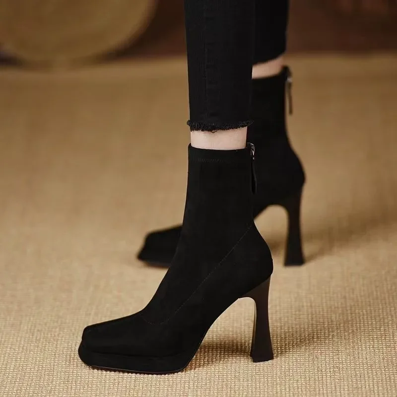 

Women's Shoes High Heel Stiletto Heel Booties Platform Heightened Square Toe Scrub Leather Skinny Boots for Women