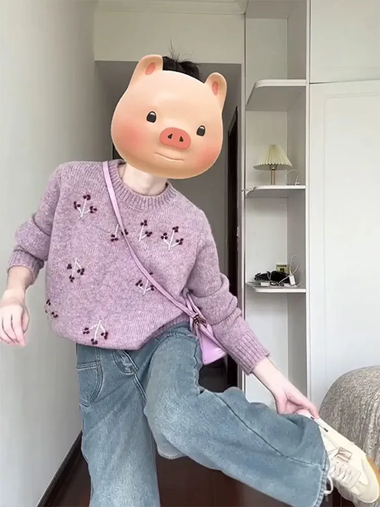 

Sweet Purple Floral Embroidery Bear Fur Knitted Sweater Women Soft Fufu Loose Fit Autumn Winter Outerwear Long Sve round Ne
