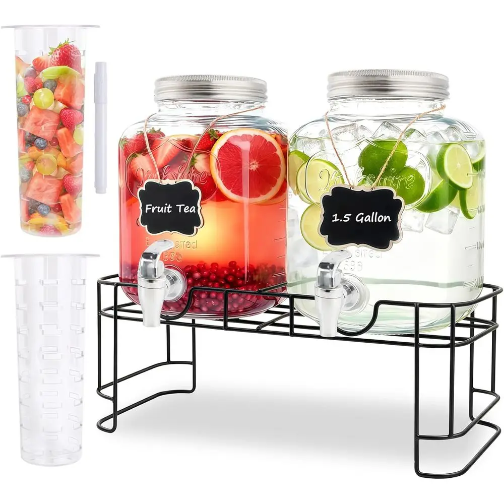 Juego de 2 Dispensadores de Bebidas de Vidrio con Infusor de Frutas y Soporte para Fiestas, Barbacoas, Picnics y Dispensación de Agua