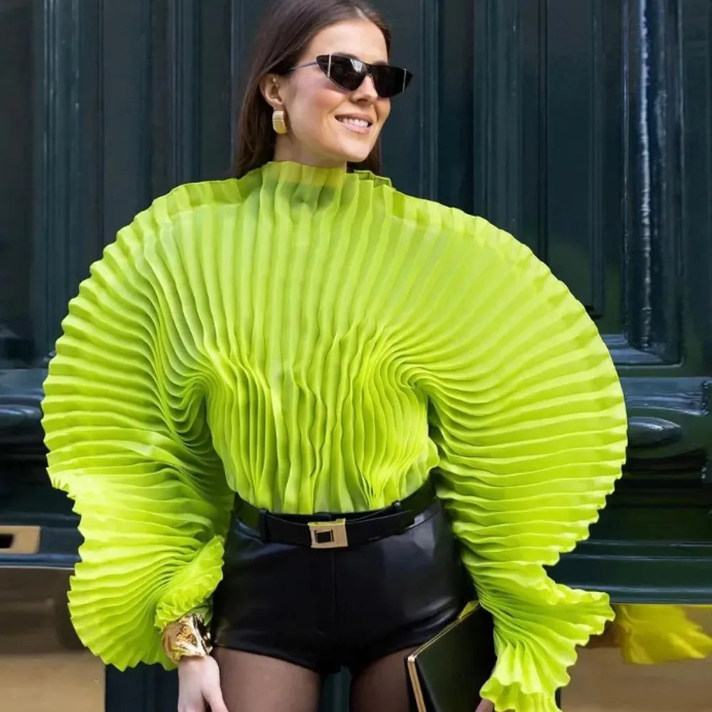 

2026 Spring Green Folded Organza Women Blouse Fashion See Thru Draped Puff Long Sleeves Girls Top High Street Female Top
