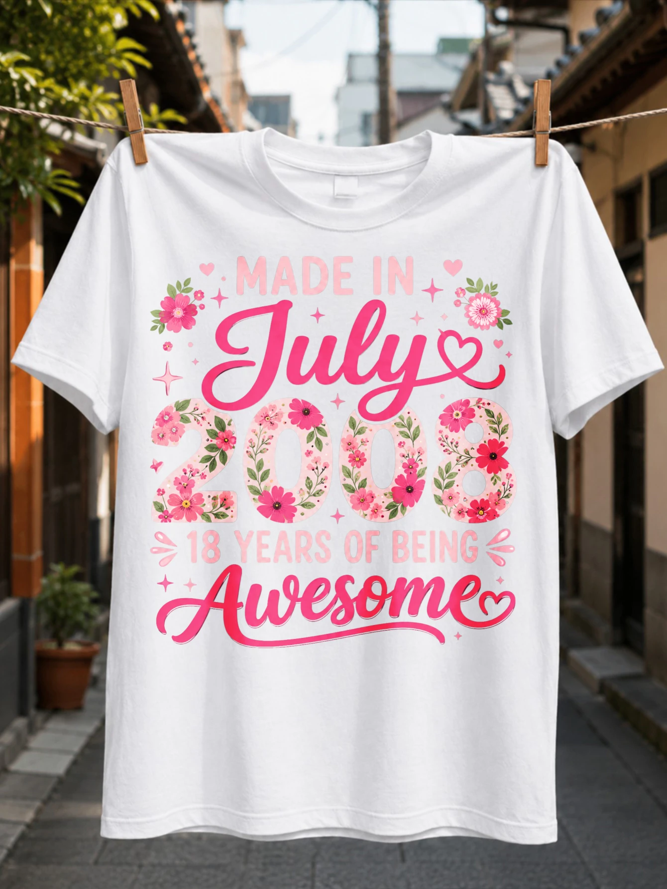 Made in July 2008 18 Years of Being Awesome lettering with flower filled numerals blossoms and  Unisex All T-Shirt