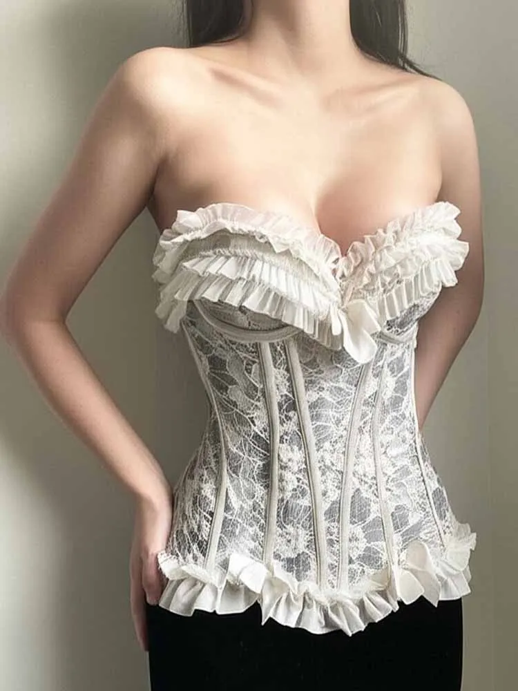 

BKQU Vintage Elegant Lace Corset Tube Tops Women Ruffle See Through French Style Sexy Slim Strapless Tank Tops 2025 Summer New