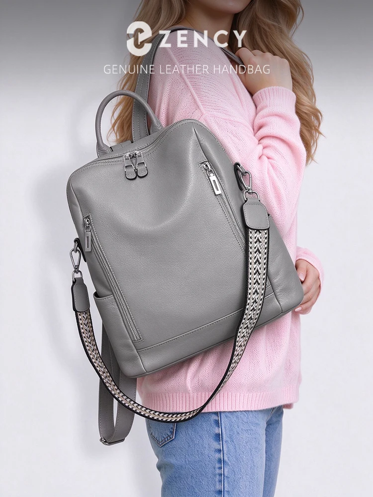 Zency Fashion Genuine Leather Backpack Knapsack Multi-pocket Day Pack Travel Convertible Shoulder Bag for Fall Winter Commuter