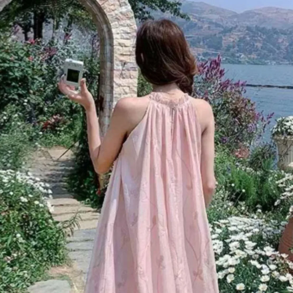 korean style maxi dress Pink Embroidered Floral Halter Neck Floor Length Loose A Line Summer Women Sleeveless Chiffon Dress Rosdorf