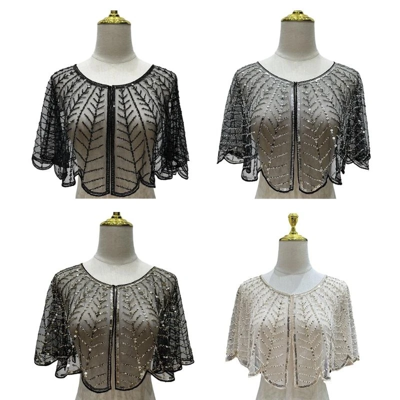652F Sequins Embroidery Lace Capes Wedding Wrap Tippet Breathable Mesh Short Shawl