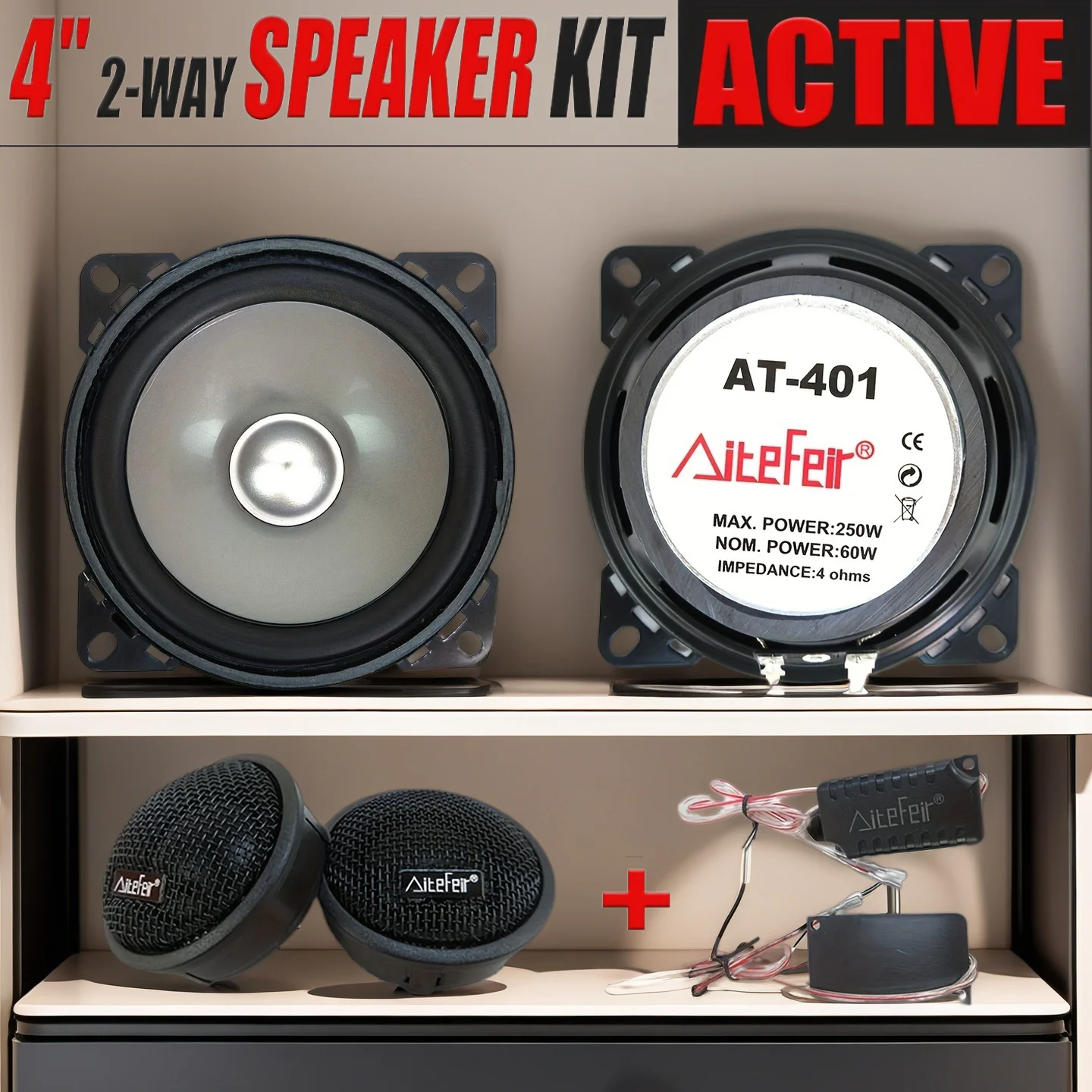 4 Inch 2-Way Active Car Speaker Kit with Mid-Woofer, Tweeter & Crossover AT-401