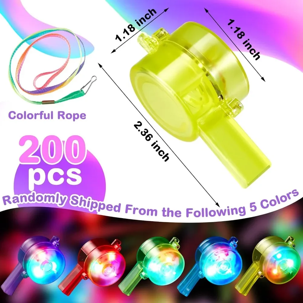 200 Pieces Luminous Whistle Party Supplies LED Lit Whistle with Lanyard Necklace Glowing in The Dark, Party Supplies