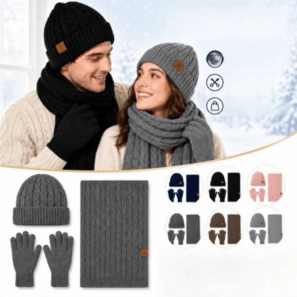 3Pcs/Set Warm Winter Hat Scarf Gloves Set Non Slip Lining Knit Beanie Snood Set Thicken Elastic Touchscreen Gloves for Men