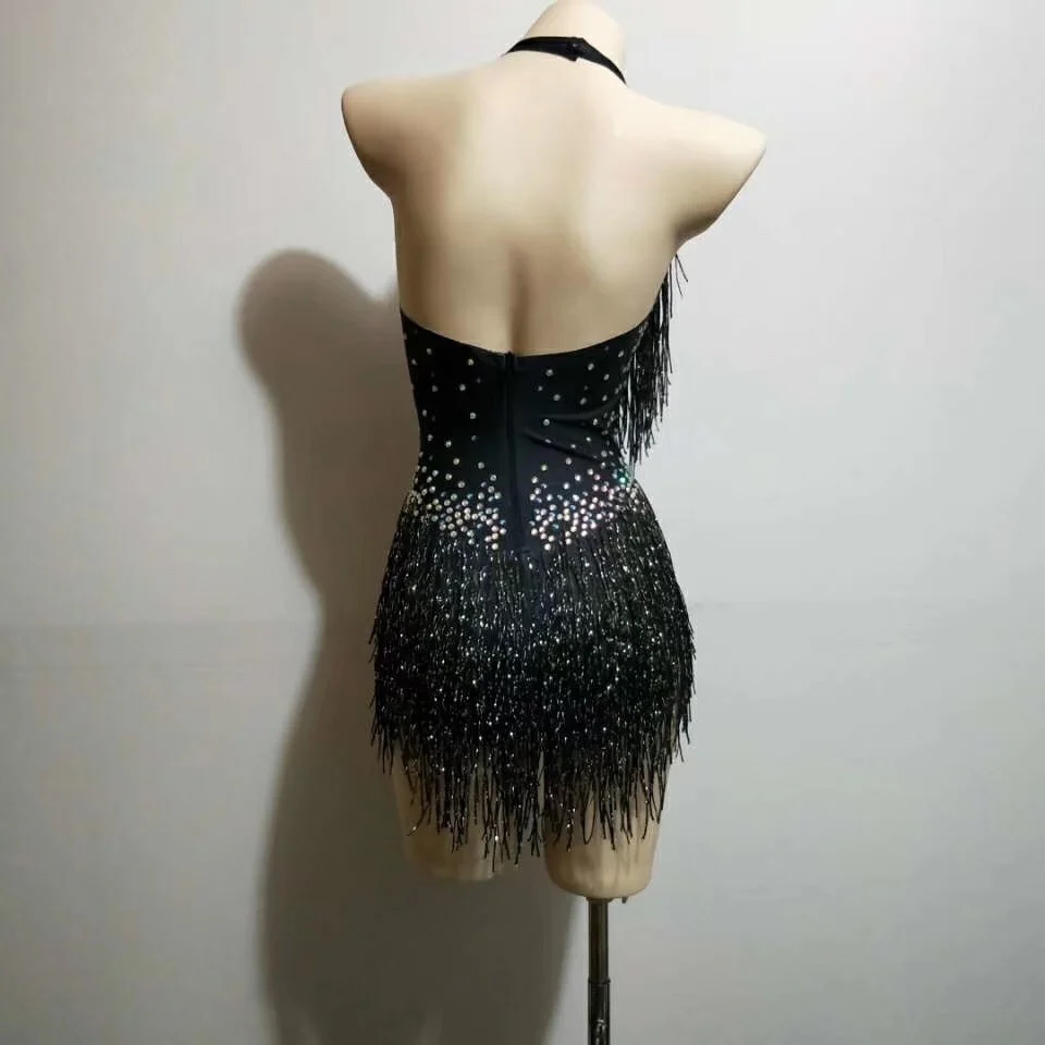 Fato de strass preto dourado com franja de strass feminino, roupa drag queen, body collant dançarina, sem costas, roupa latina Cha Cha Cha Stage, 2024