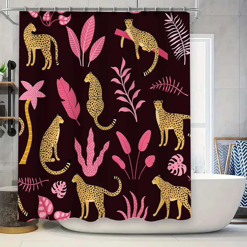 

Занавеска для душа с принтом диких животных, черный, фиолетовый, желтый, леопардовый, Монстера, пальмовые листья, дизайнерская ткань, водонепроницаемый декор для ванной комнаты fo
