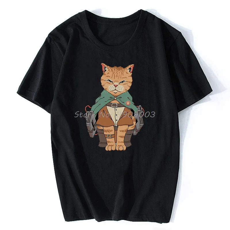 Neko Cat Eren Jaeger Attack On Titans Funny Anime Tshirt Men Cotton T-shirt Casual Short Sleeve T Shirt Unisex Streetwear Tees