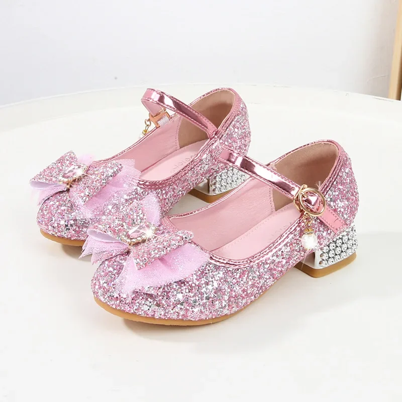 

Children's Leather Shoes Glitter Sequins Party Wedding Shoes for Girls Fashion Bowknot Kids Princess High-heels Single Shoes