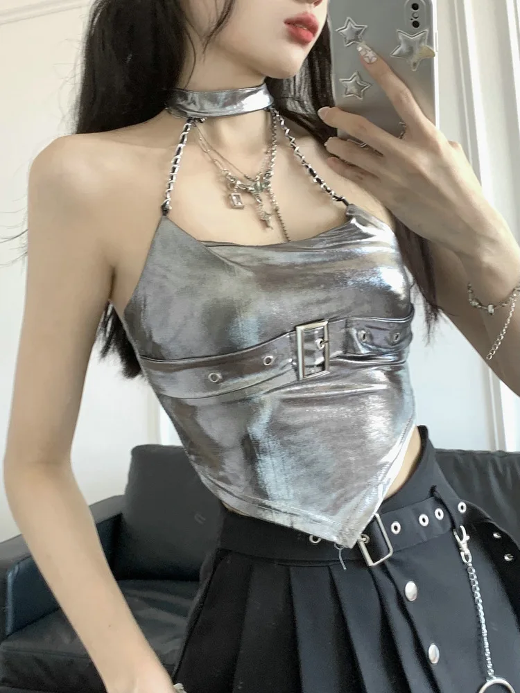 

New High-end Pure Desire Silver V-shaped Waist Neck Sling Vest Female Sexy Tube Top Belly Dance
