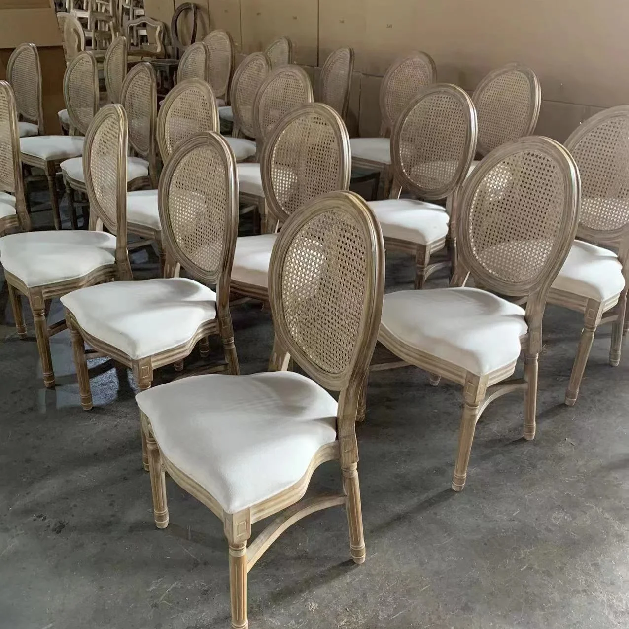 Provincial Vintage Furniture Antique Banquet wood Rattan Cane Back Louis Event Wedding hotel hall dining Chair