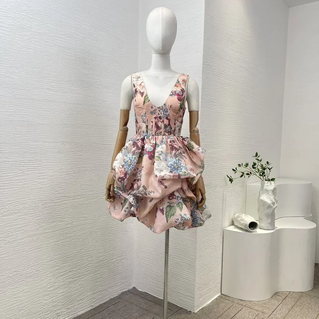 Nueva colección de minivestido rosa sin mangas con estampado Floral y tirantes fijos drapeados con corpiño unido de alta calidad para mujer