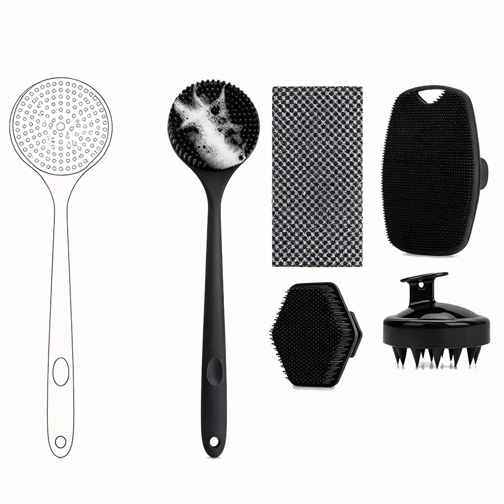 5/4/3/2/1-teiliges Körperbürsten-Set mit langem Griff, Rücken-Duschbürste, Silikon-Peelingbürste, Shampoo-Kopfhautmassagegerät für das Badezimmer – Detail 3