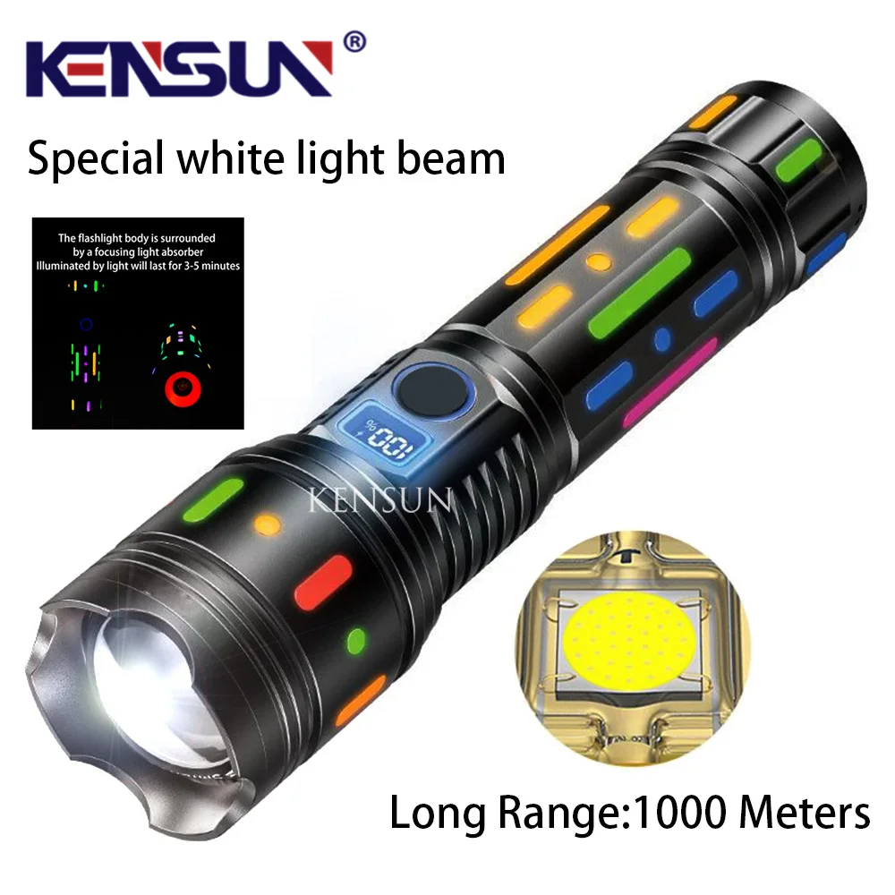 High Power Long Range LED Flashlight With Fluorescent Film Powerful Bright Tactical Torch  Display Rechargeable Battery Lantern