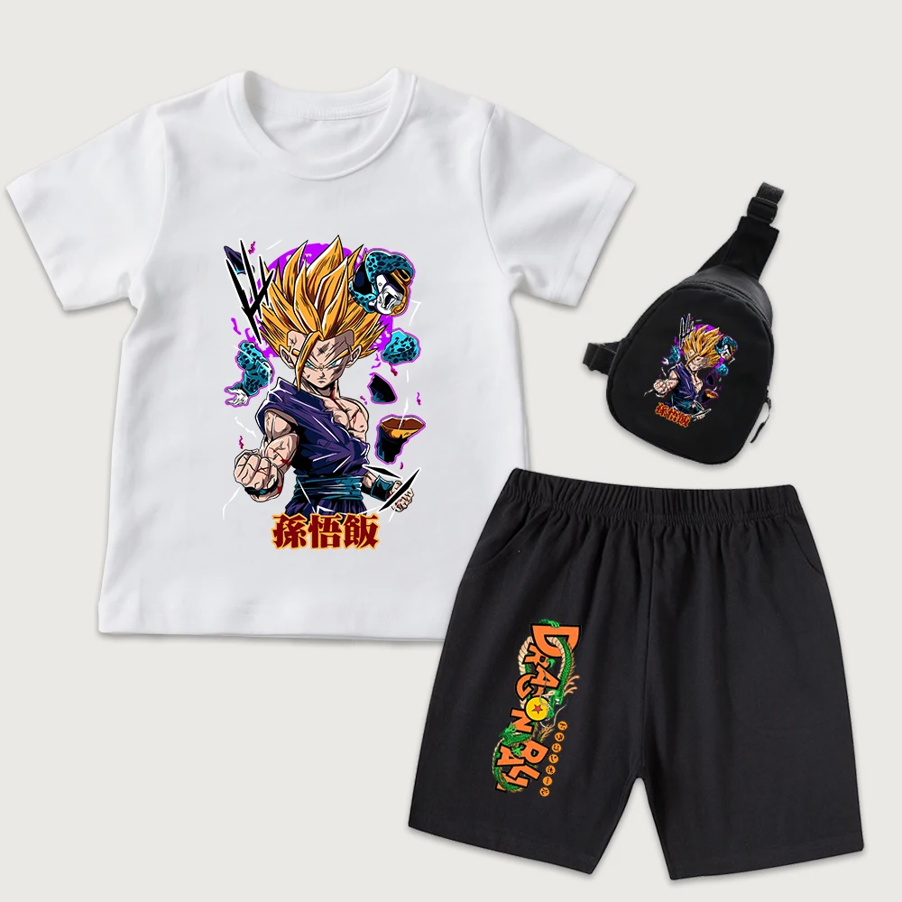 DBZ Son Gohan Anime Print Kids Boys Girls Cotton T Shirt Shorts Mini Chest Bag 3pcs Set Casual Summer Outfit