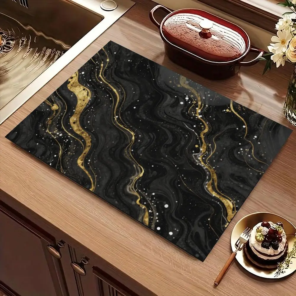 Black Gold Wave Marble Kitchen Counter Pad Absorbing Countertop Protection Pad Fast Drying Mat Dustproof Coffee Cup Coaster