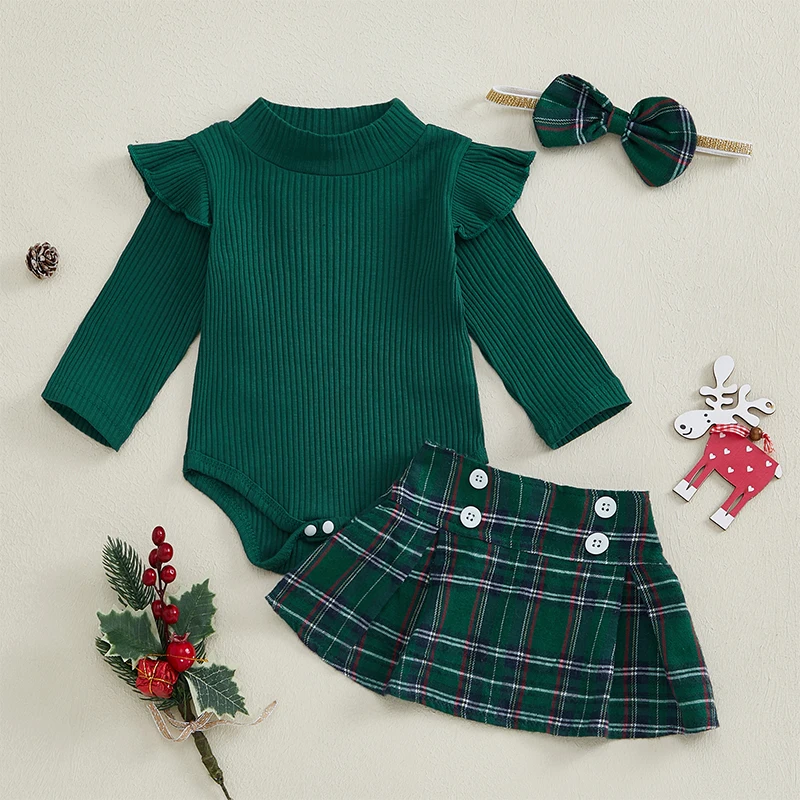 SUNSIOM 0-18 Months Baby Girls Christmas Plaid Skirt Set Long Sleeve Romper Button A-Line Short Skirt Bow Headband Outfits