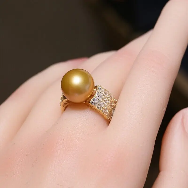 Huge AAAAA 11-12mm Genuine Natural South Sea Golden Round Pearl Ring