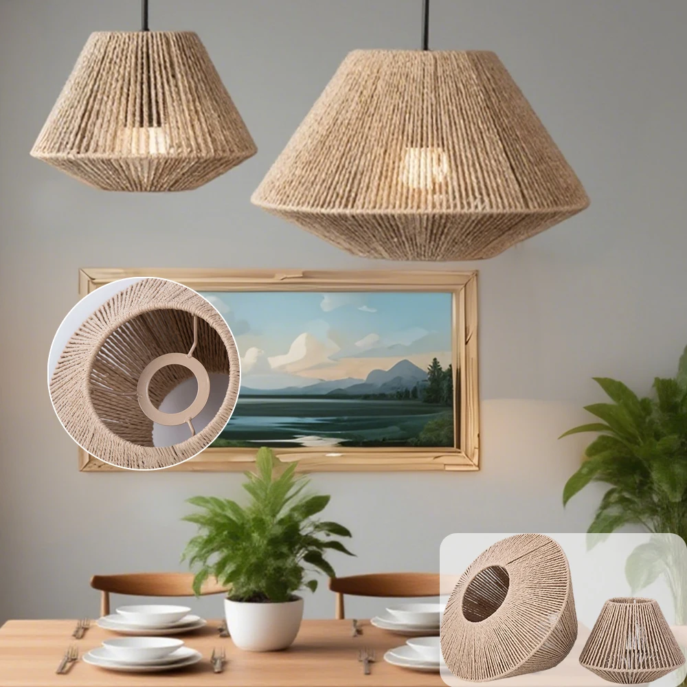 

Farmhouse Style Rattan Lamp Geometric Shade Light Covers Chandelier Hanging Wicker Woven Fixture Decor for Living Room Bedroom
