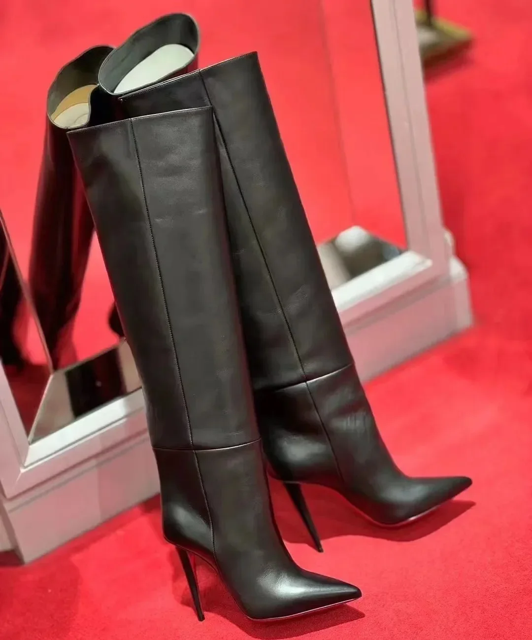 New European and American Women's Slim High Heels, Pointed Rivets, Knee Length Boots, Fashionable Party Oversized Mid Size Boots view 3