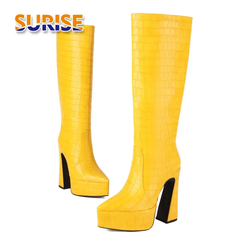 

Winter Women Knee High Boots Yellow Brown Platform Chunky Heels Pointed Toe Sexy Club Dress Lady Plush Slip-on Fashion Long Boot