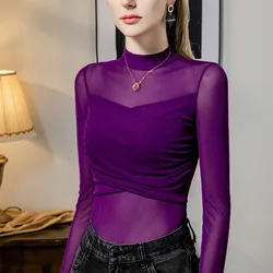 #4268 Black Purple Mesh Turtleneck T Shirt Women Thin Elastic Skinny Split Joint Long Sleeve T Shirt Ladies Sexy Streetwear Tee