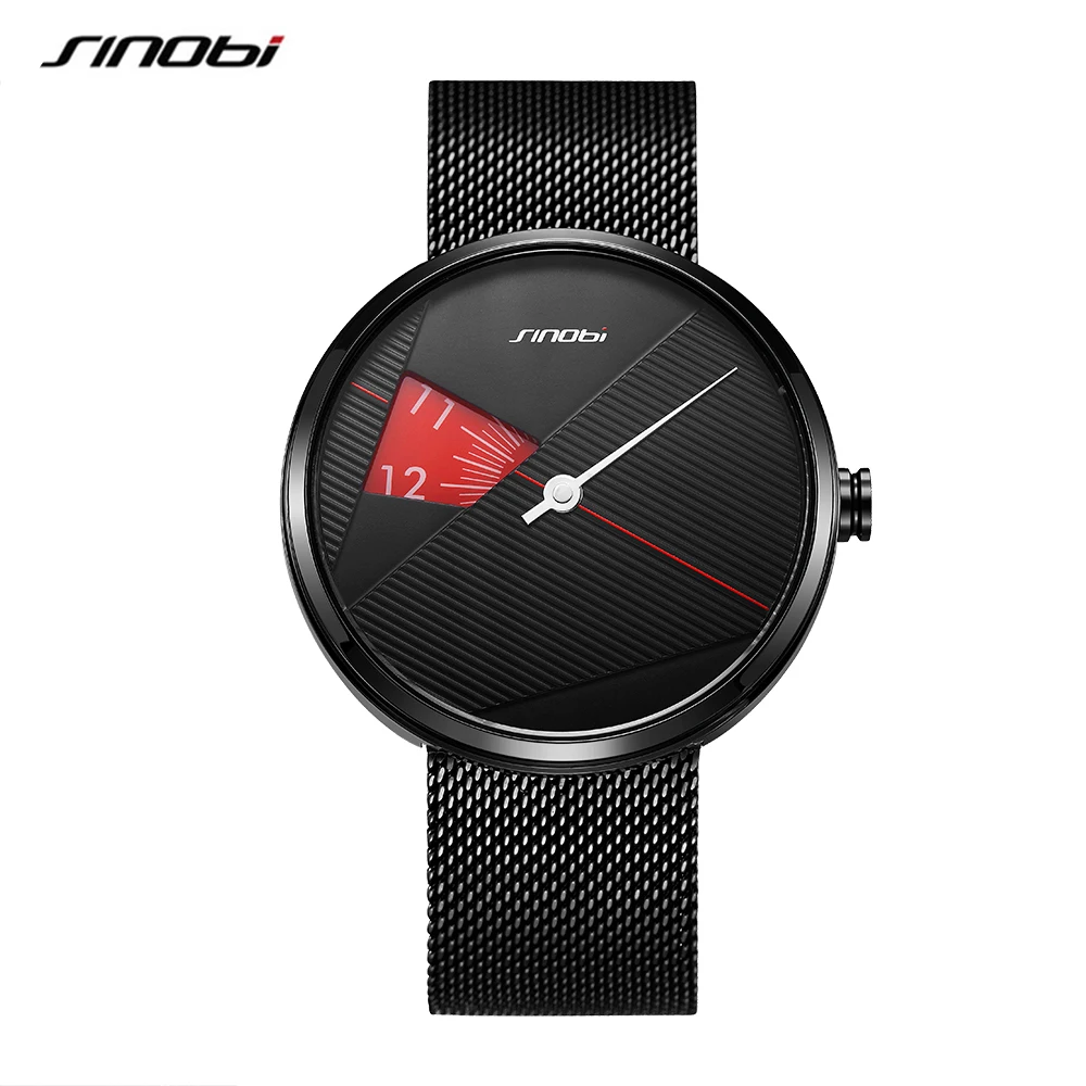 SINOBI Brand Votex Men Watches 44mm Dial Plate Stainless Steel Mesh Strap Creative Single Needle Men\'s Quartz Wristwatches