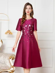 New Hot Sale Dress 2024 Autumn Women Sequined Embroidery Short Sleeve Mid-Calf Length Rose Red Coffee Black Party Dress 3xl 2xl