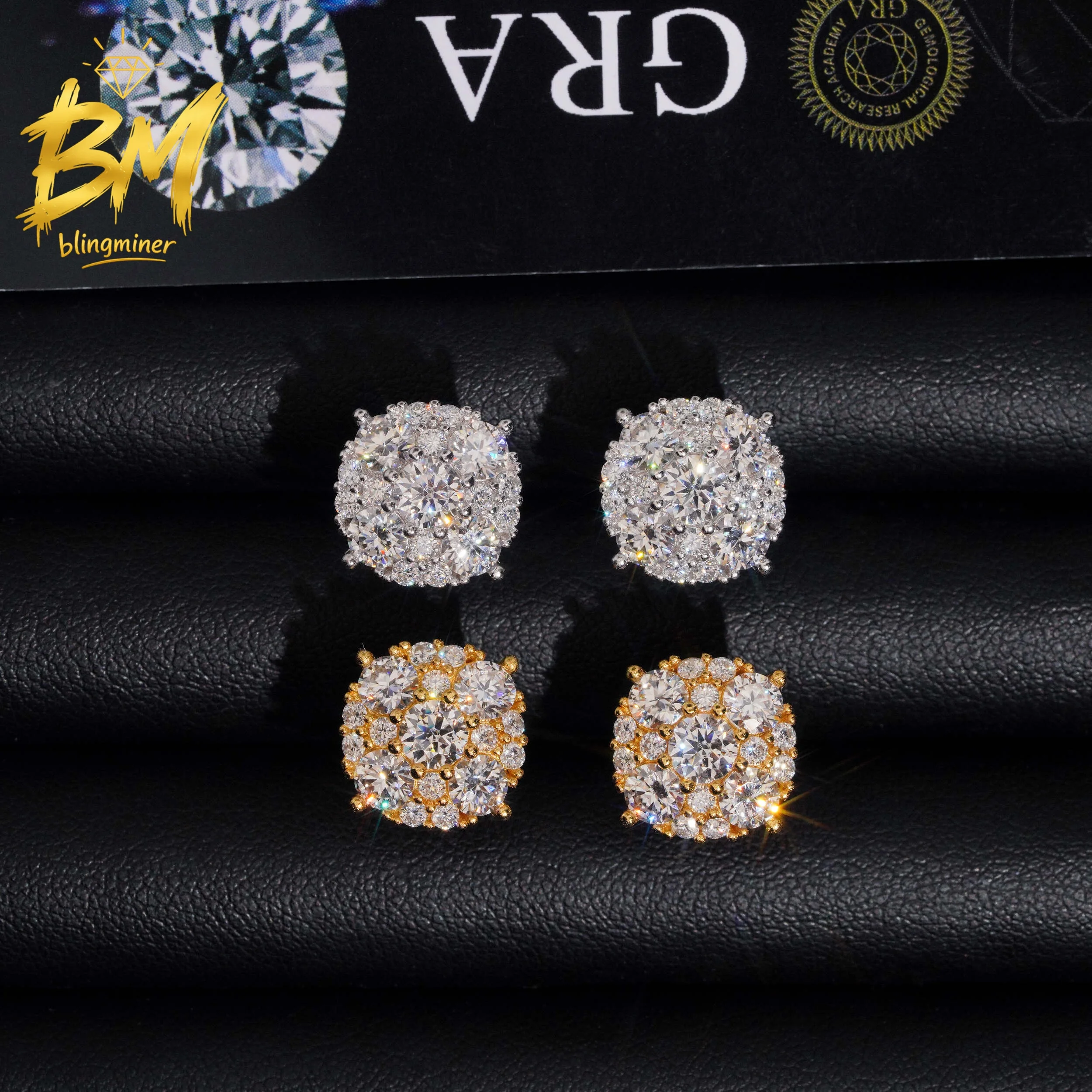 Blingminer 12mm Round VVS Moissanite Earrings For Men Women S925 Silver Ear Studs Jewelry Pass Diamonds Tester GRA Free Shipping