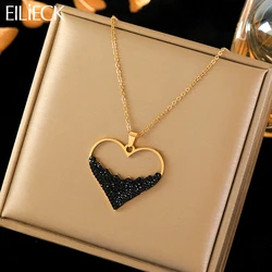 EILIECK 316L Stainless Steel Creative Sparkling Black Heart Pendant Necklace For Women Fashion Neck Chain Waterproof Jewelry