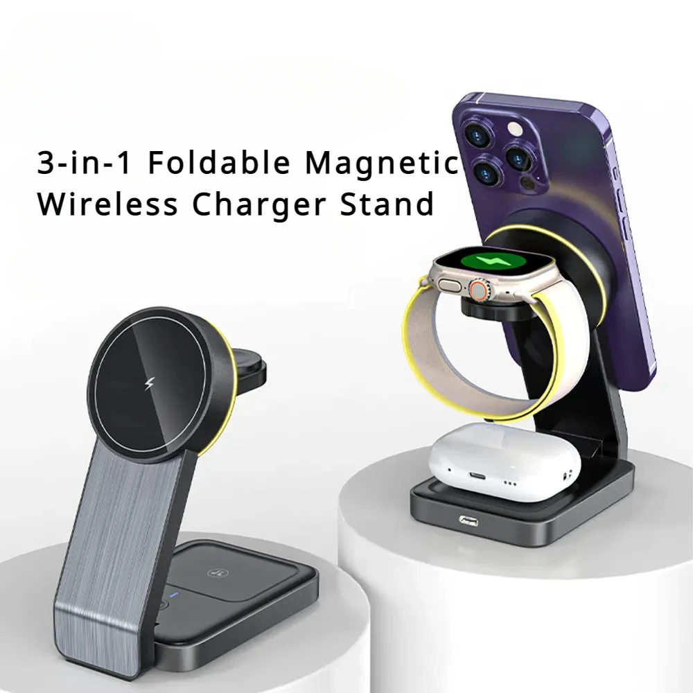 Foldable Wireless Charger 3-in-1 Magnetic Stand Holder for IPhone 15 14 13 12 Pro ,for Apple Watch,for TWS Airpods Pro Charging