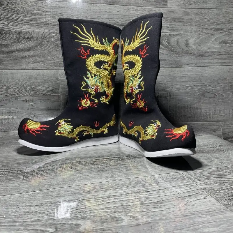 Buty z czarnym smokiem Opera chińska Buty cesarskie dla dorosłych Płaskie buty do zabawy filmowej na scenie Buty z haftem