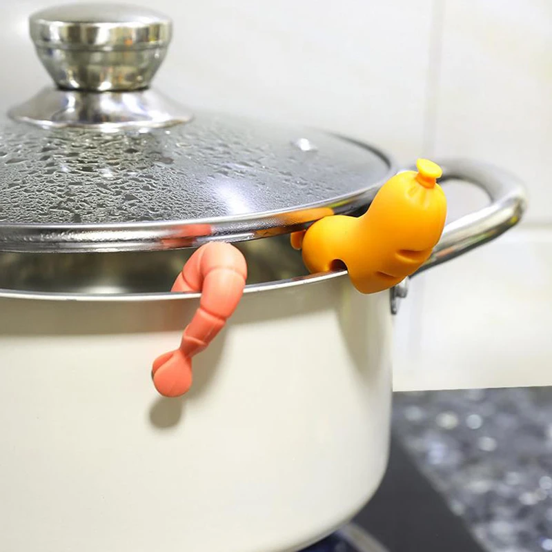 Silicone Shrimp Sausage Pot Lid Lifting Anti Overflow Device Anti Overflow Pot Lid Clip Chopsticks Rack Practical Kitchen Tool