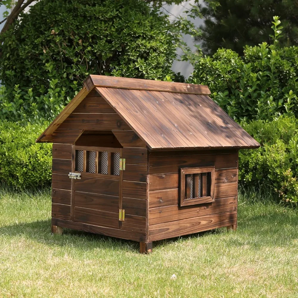 

Outdoor Dog House Weatherproof with Window, Dog House Outside Large Dog House Outdoor with Elevated Floor & Doors Ensures