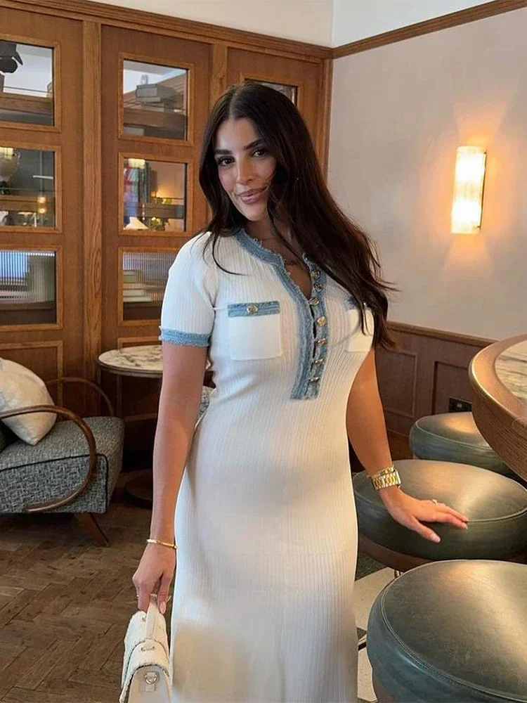 Elegante decote em v denim retalhos de malha vestido longo moda feminina manga curta botões vestidos senhora do escritório bolsos roupões