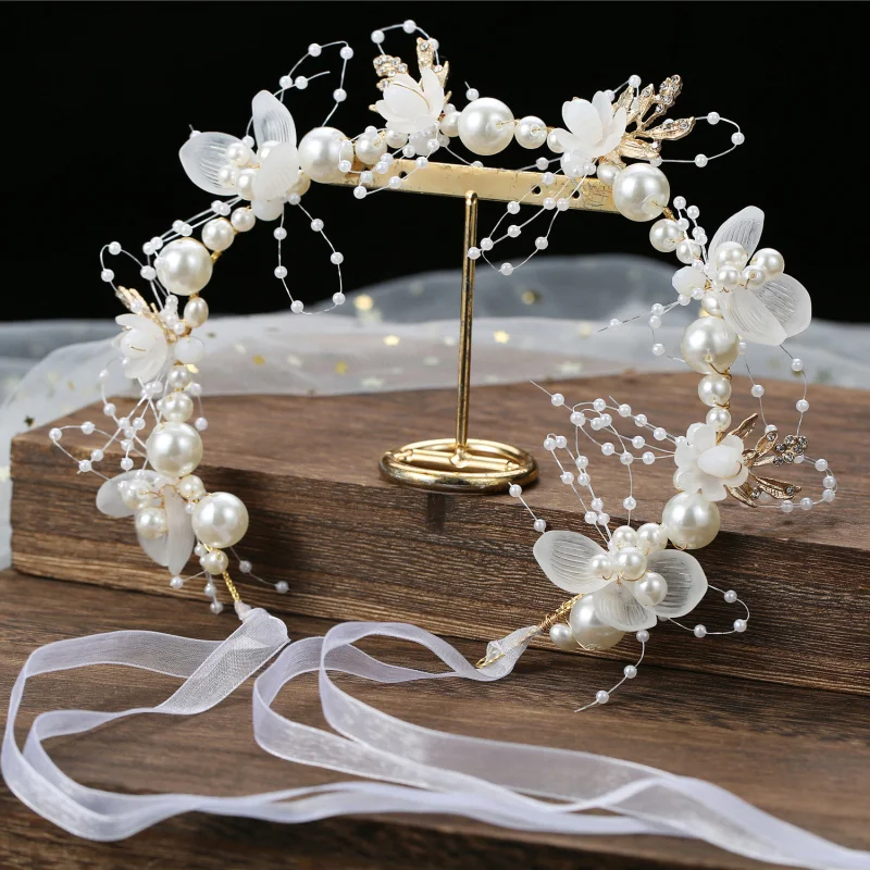 Pearls Headbands For Women Girls Bride Wedding Hairbands White Flower Tiaras Korean Fashion Headdress Hair Jewelry